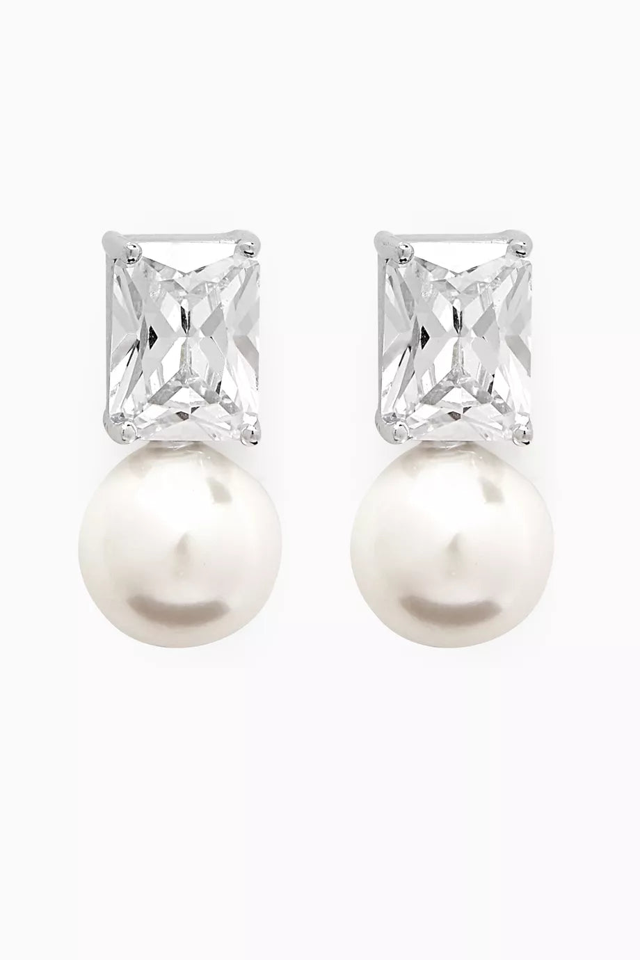 Emerald-cut Crystal & Pearl Drop Earrings in Sterling Silver