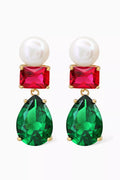 Emerald Pear Crystal & Pearl Drop Earrings in Gold-vermeil
