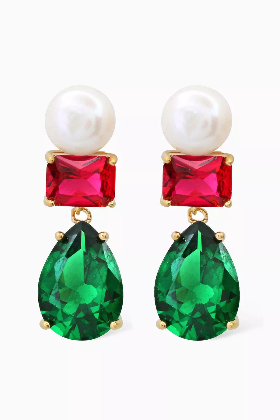 Emerald Pear Crystal & Pearl Drop Earrings in Gold-vermeil