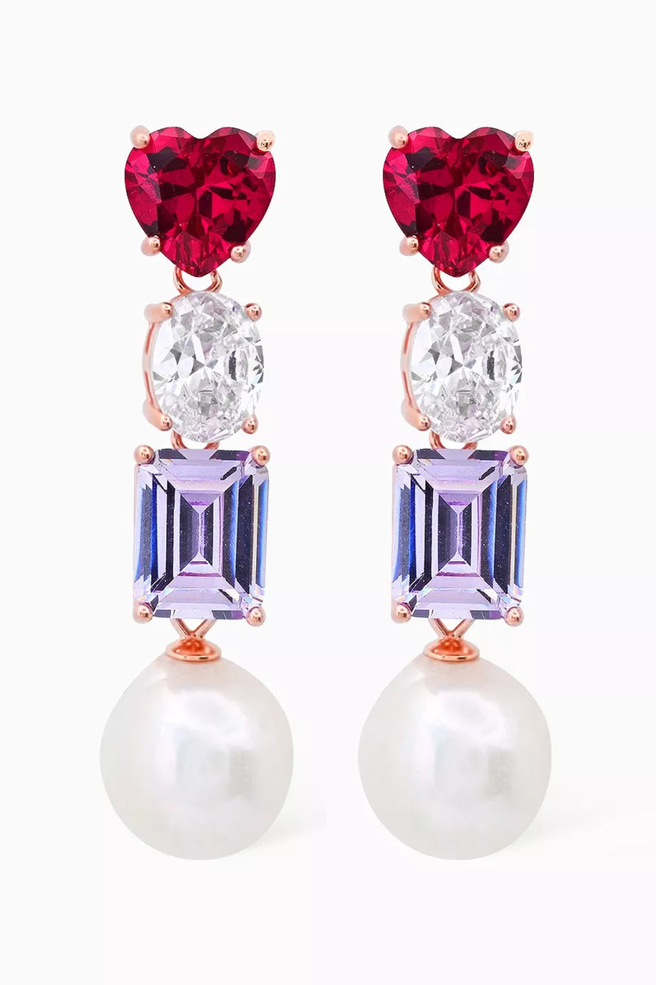 Heart Crystal & Pearl Drop Earrings in Rose Gold-vermeil
