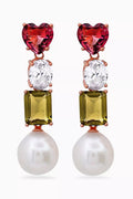 Heart Crystal & Pearl Drop Earrings in Rose Gold-vermeil