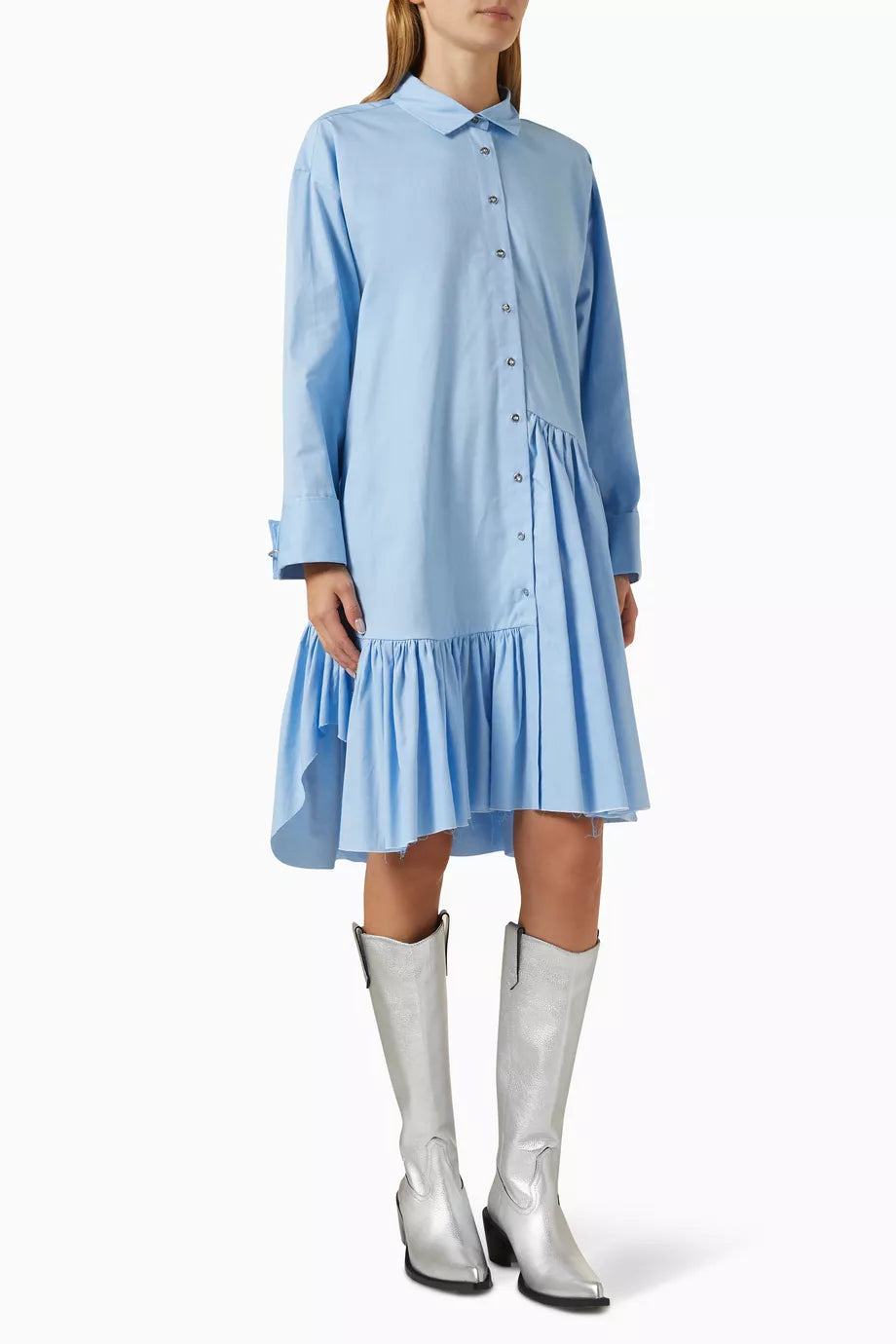 Asymmetrical Frilled Midi Shirt Dress