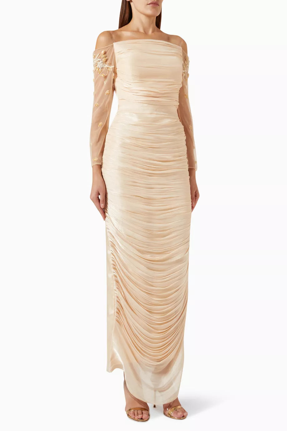 Embroidered Off-shoulder Draped Maxi Dress