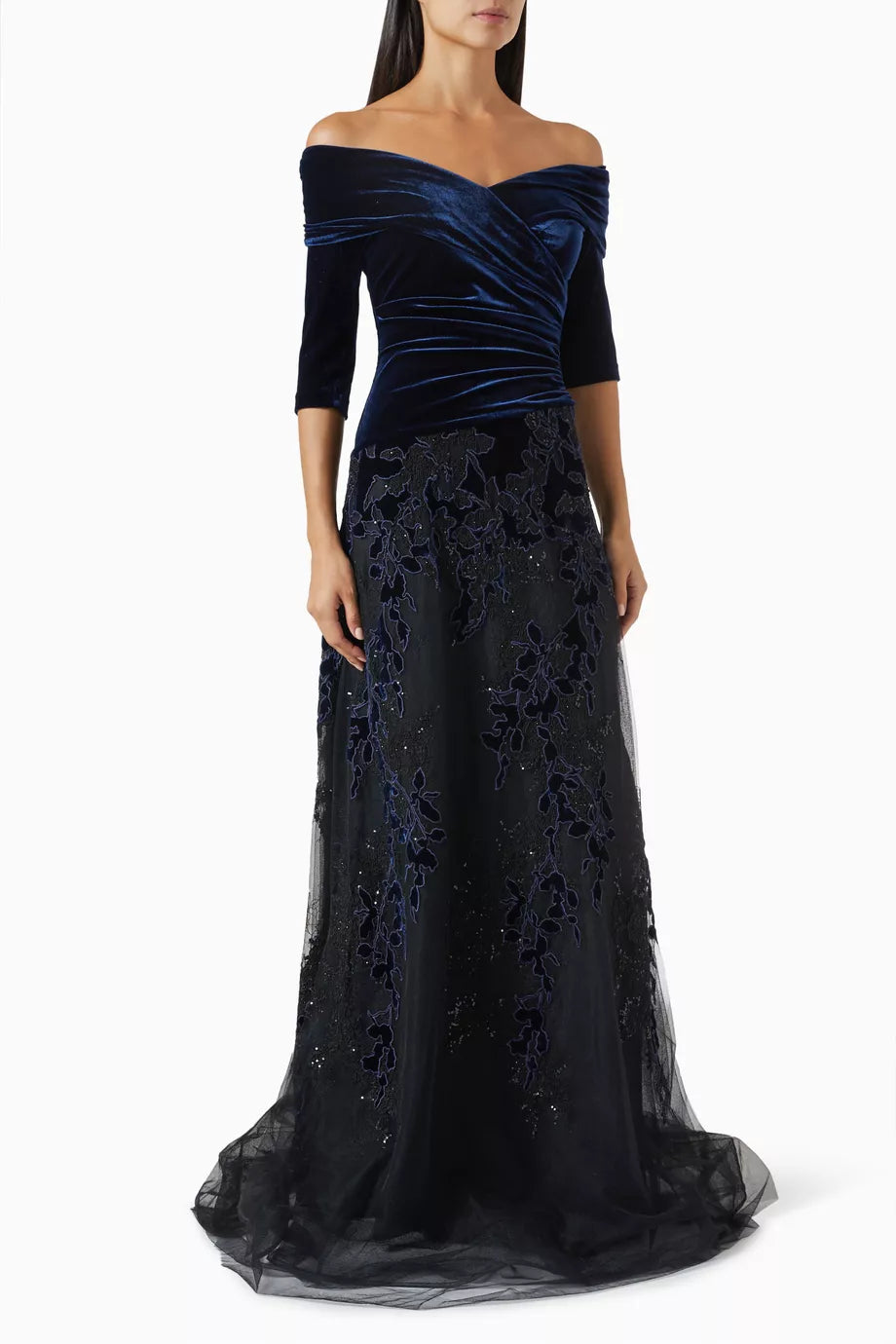 Burnout Sequin Off-shoulder Gown in Velvet & Tulle