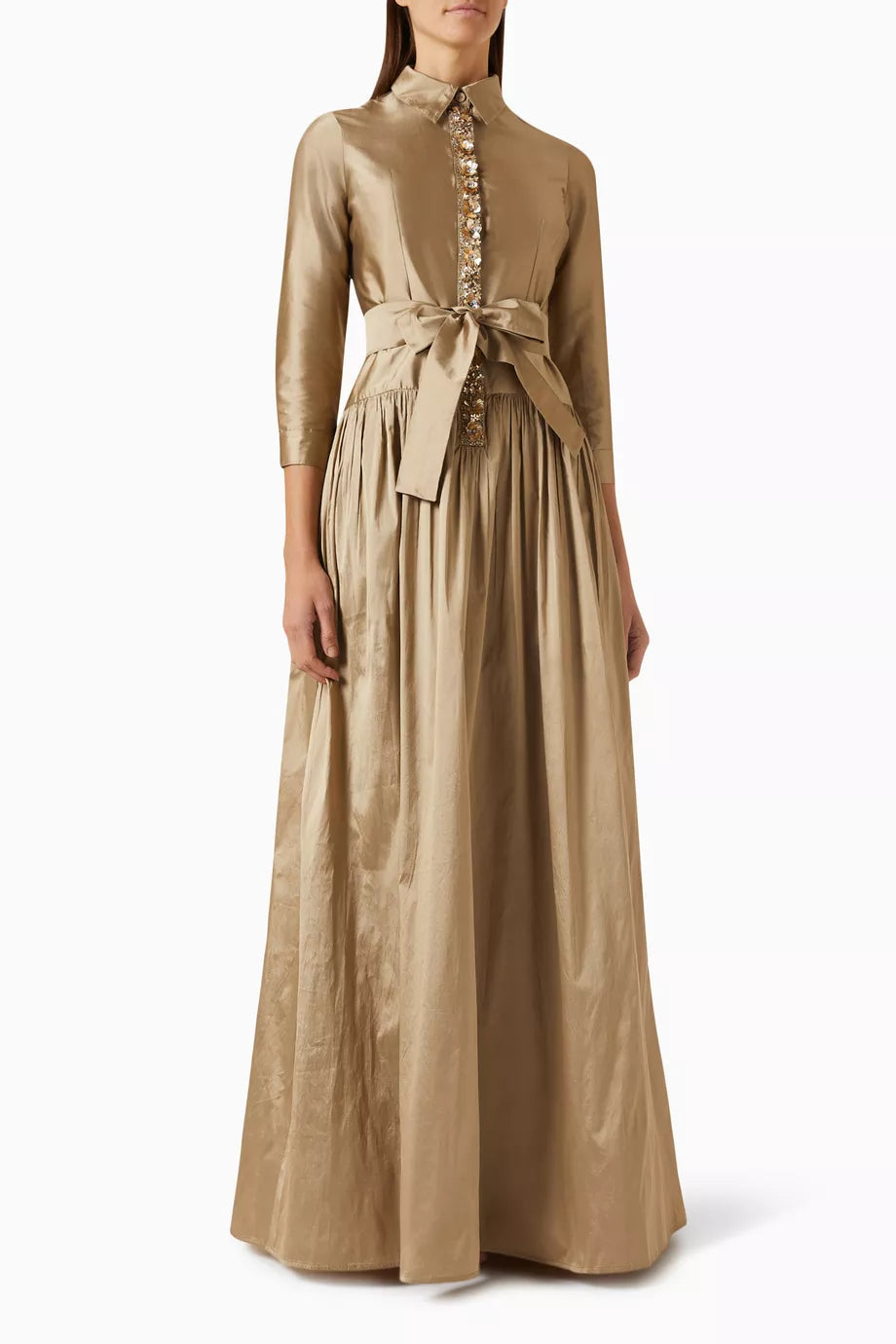 Floral-embellished Shirtdress Gown in Taffeta