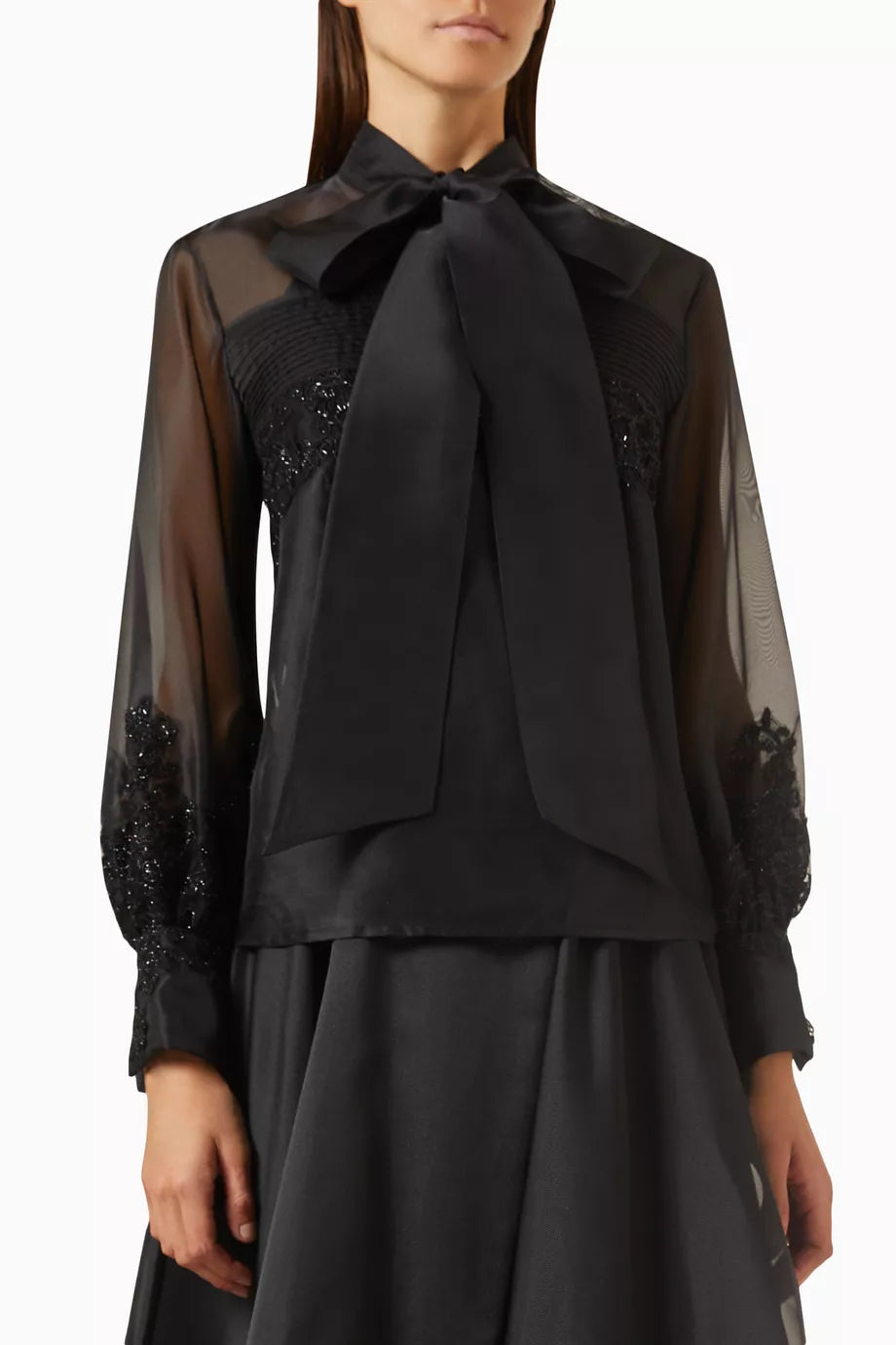 Embroidered Neck-tie Blouse in Organza