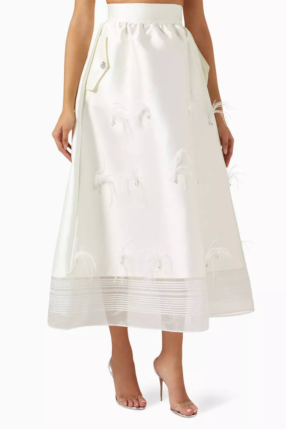 Feather-embellished Midi Skirt in Organza