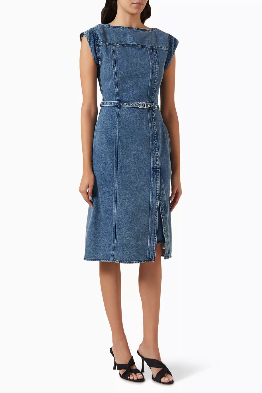 Deconstructed Belted Midi Dress in Denim