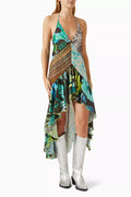 Izen Patchwork Asymmetric Printed Dress in Polyester