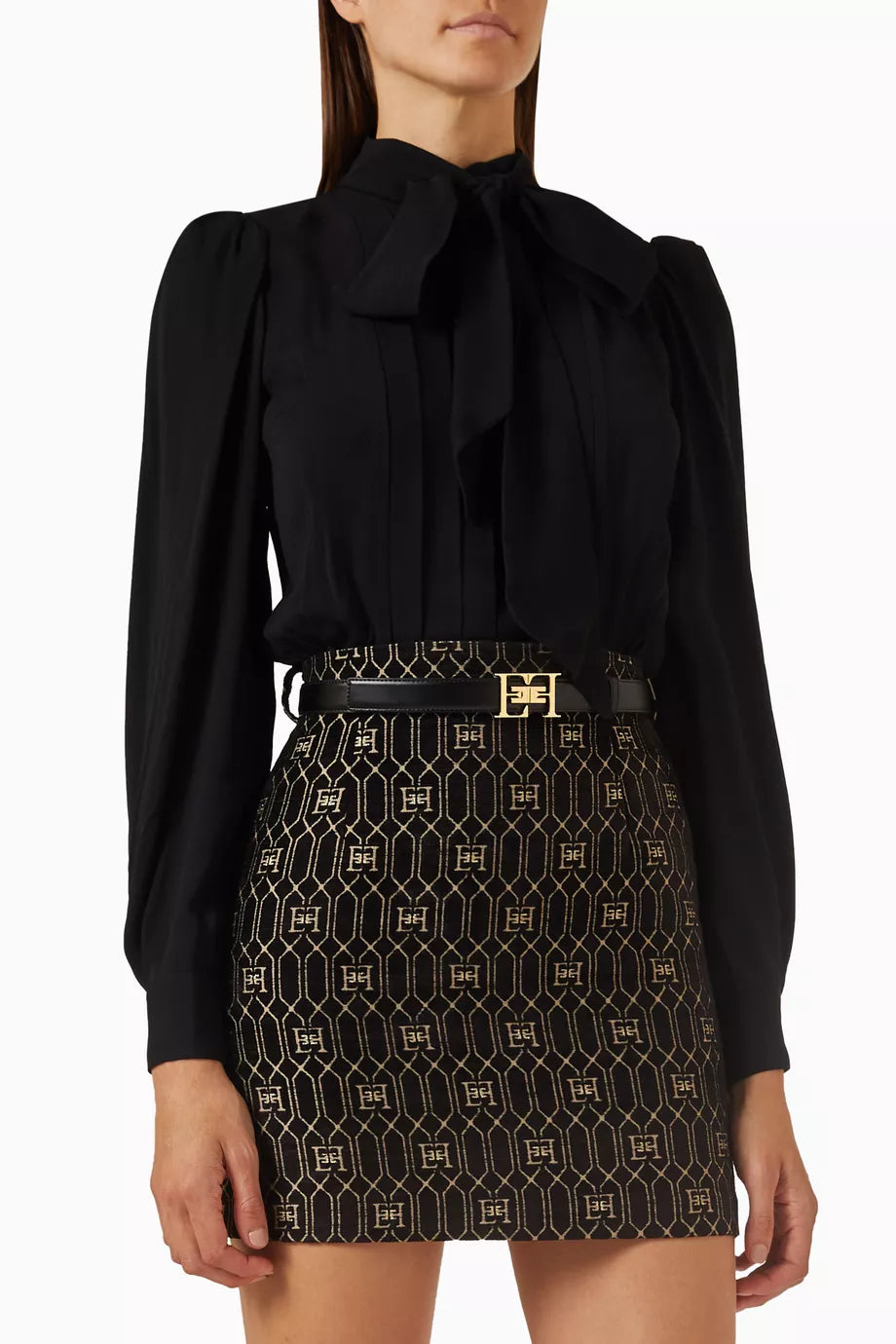 Combined Belted Mini Dress in Georgette & Tweed