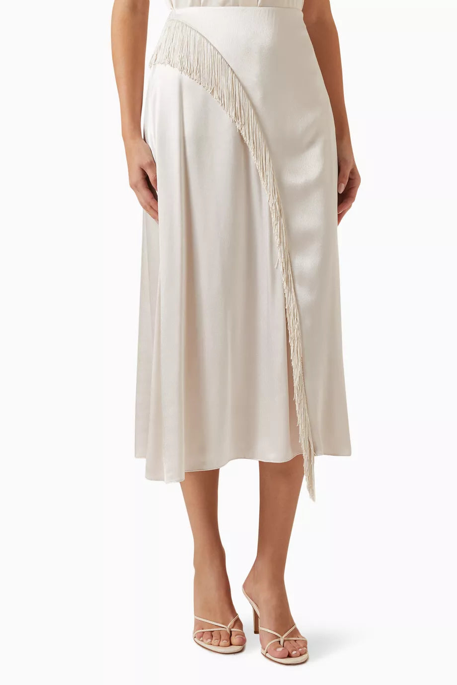 Fringe Draped Asymmetric Skirt in Satin