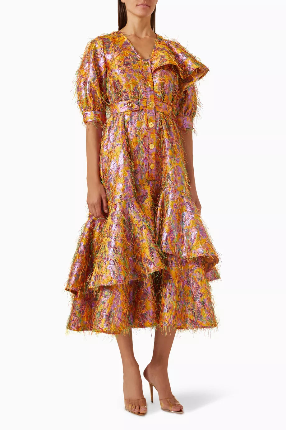 Feather-embellished Midi Dress