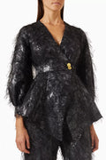Feather-embellished Belted Blouse