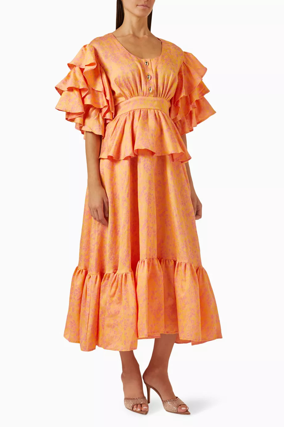 Floral-jacquard Ruffled Midi Dress
