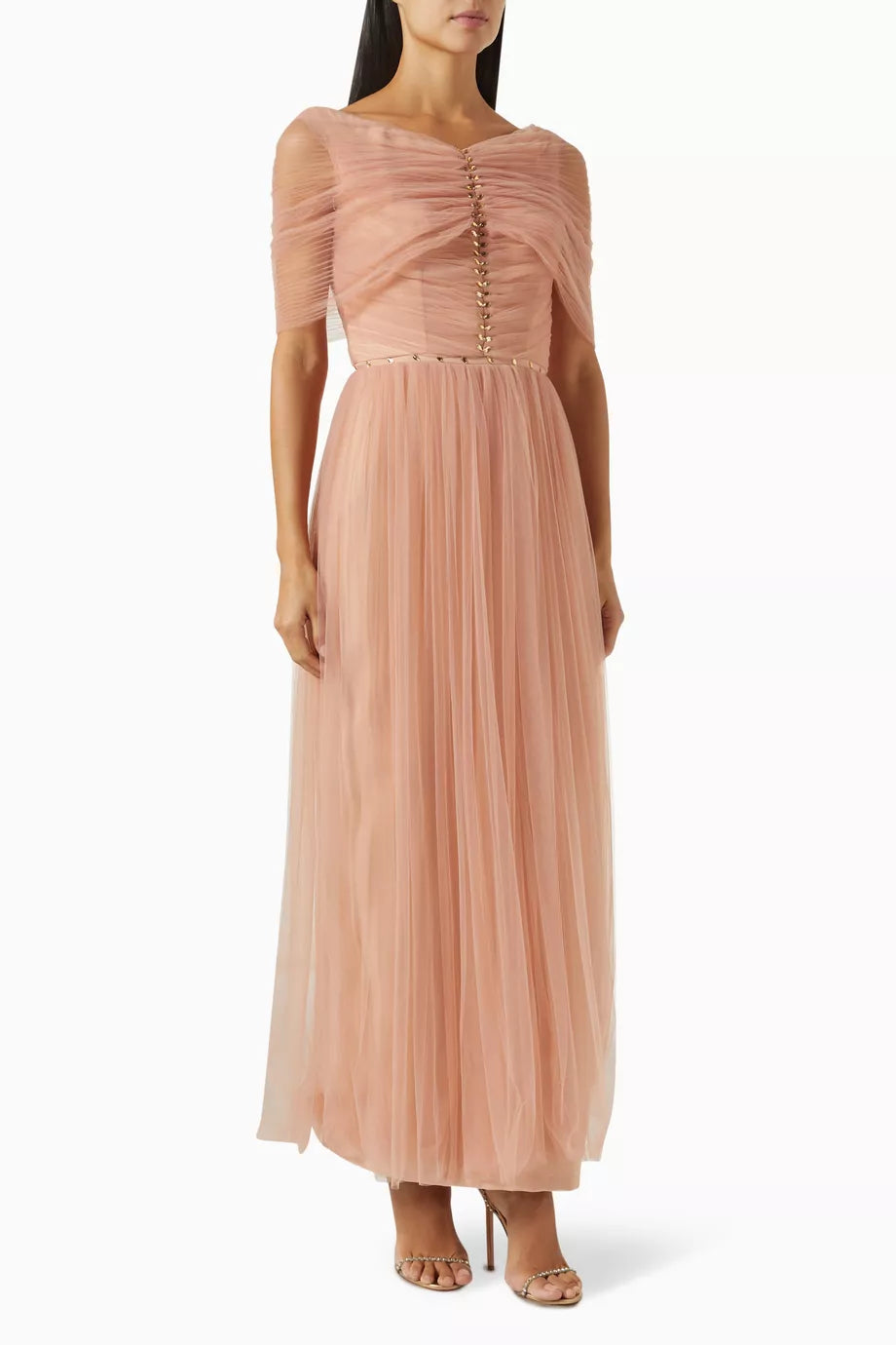 Crystal-embellished Ruched Maxi Dress in Tulle