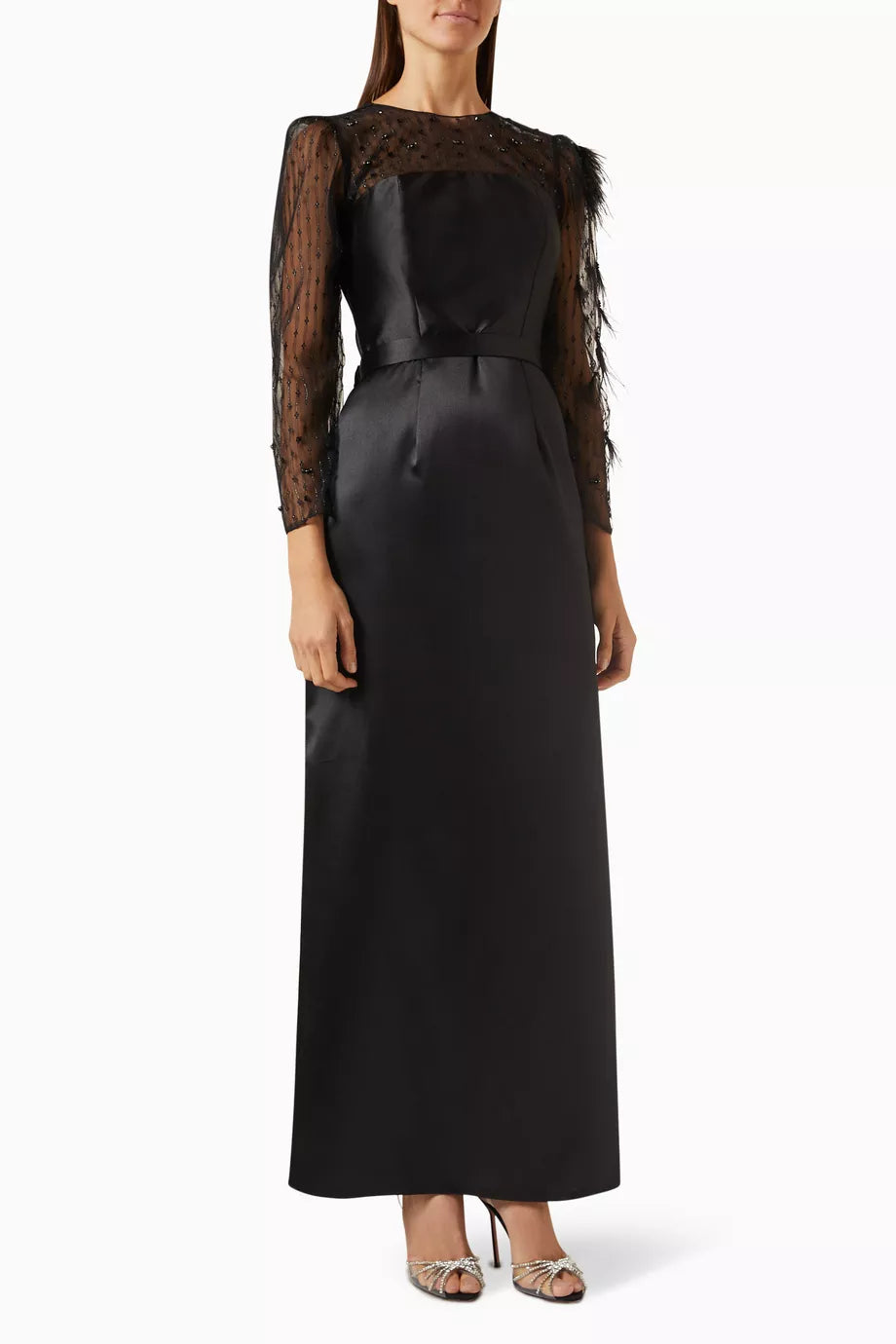 Feather-trimmed Maxi Dress in Tulle