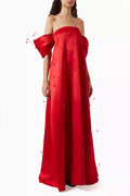 Coral Off-shoulder Maxi Dress in Satin