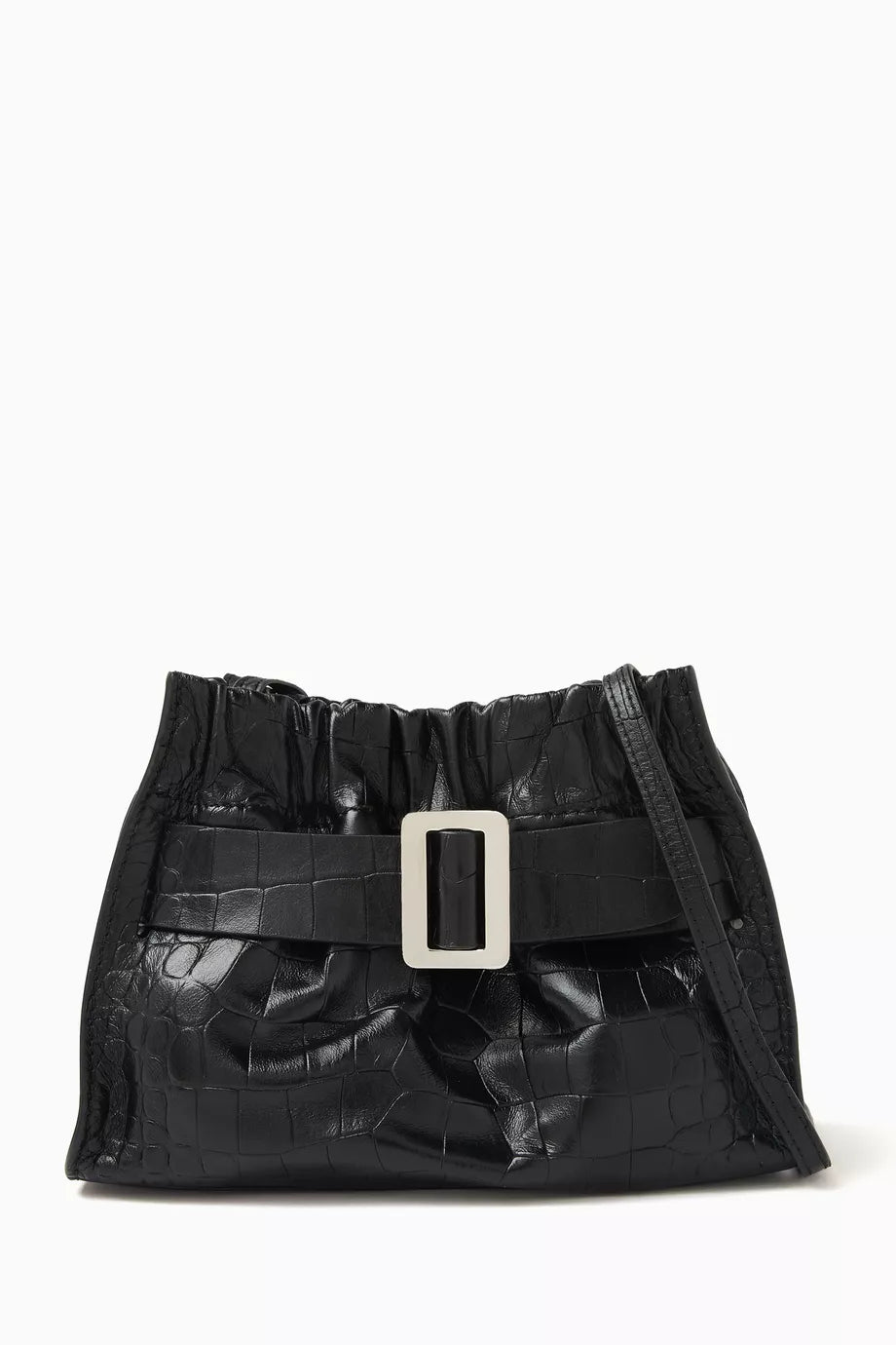 Mini Square Scrunchy Soft Bag in Croc-Embossed Leather
