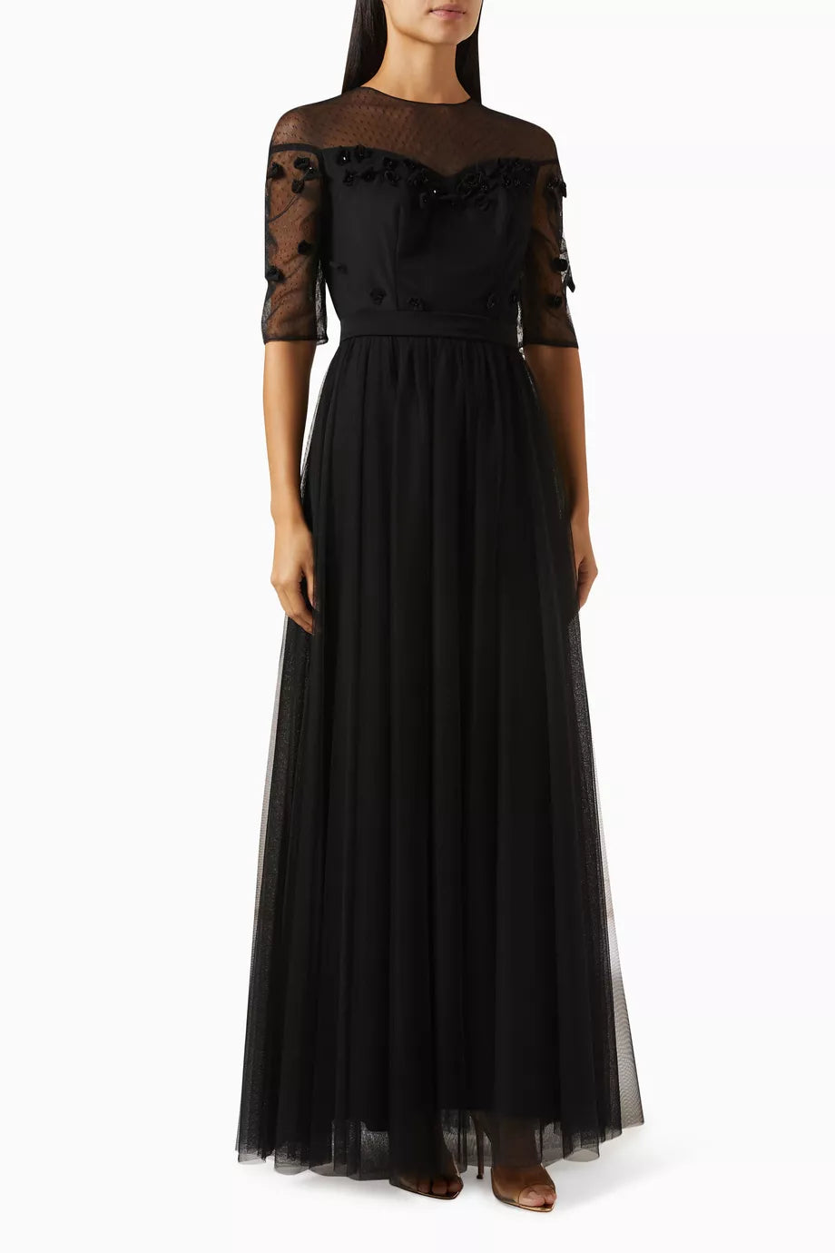 Embellished 3D floral Applique Maxi Dress in Tulle