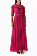 Embellished 3D floral Applique Maxi Dress in Tulle