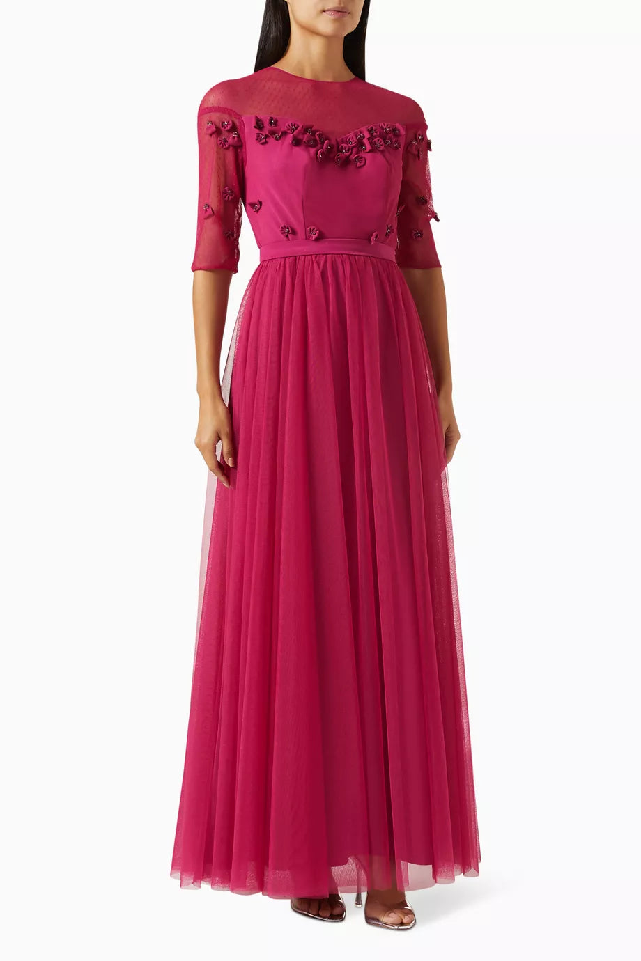Embellished 3D floral Applique Maxi Dress in Tulle