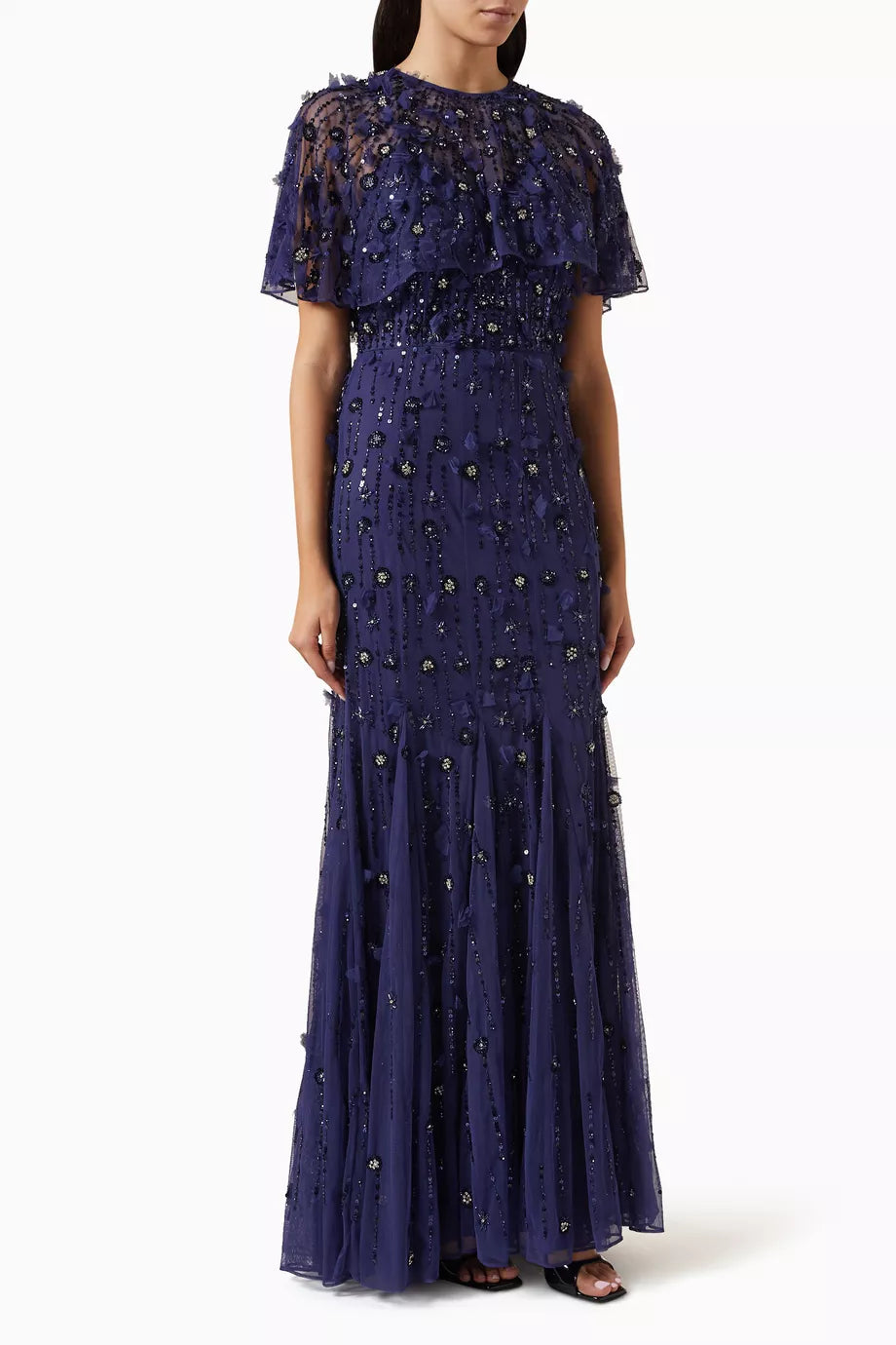 Embellished Illusion Cape Sleeve Trumpet Gown