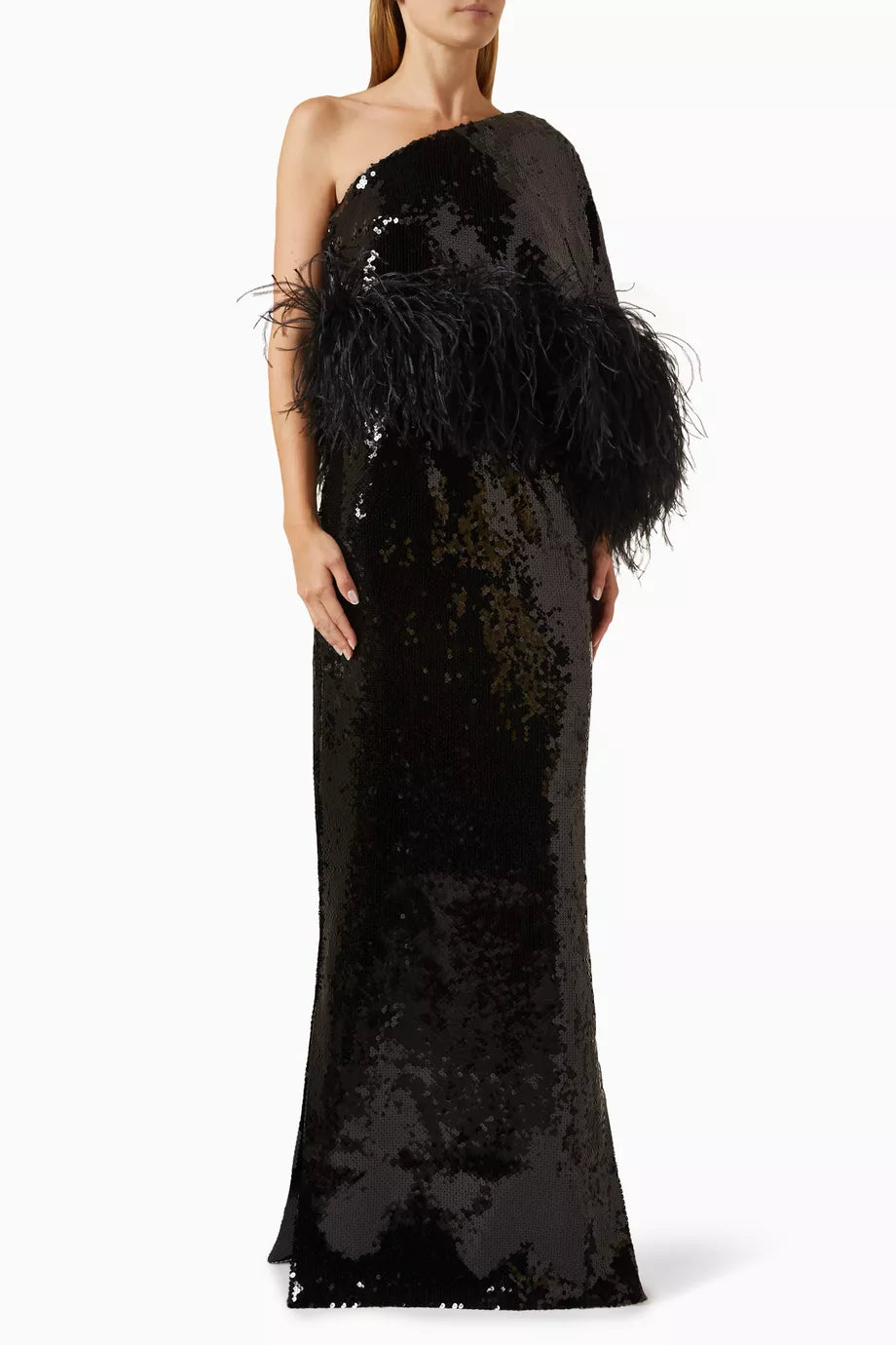 Alder Feather-trim One-shoulder Maxi Dress in Sequins