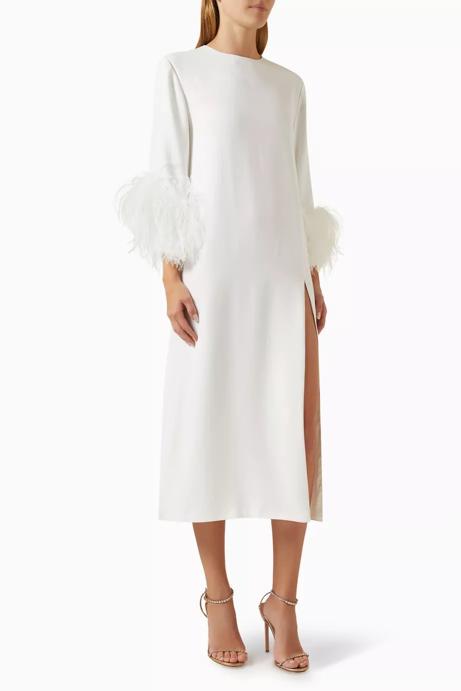 Billie Feather-trim Slit Midi Dress in Chiffon