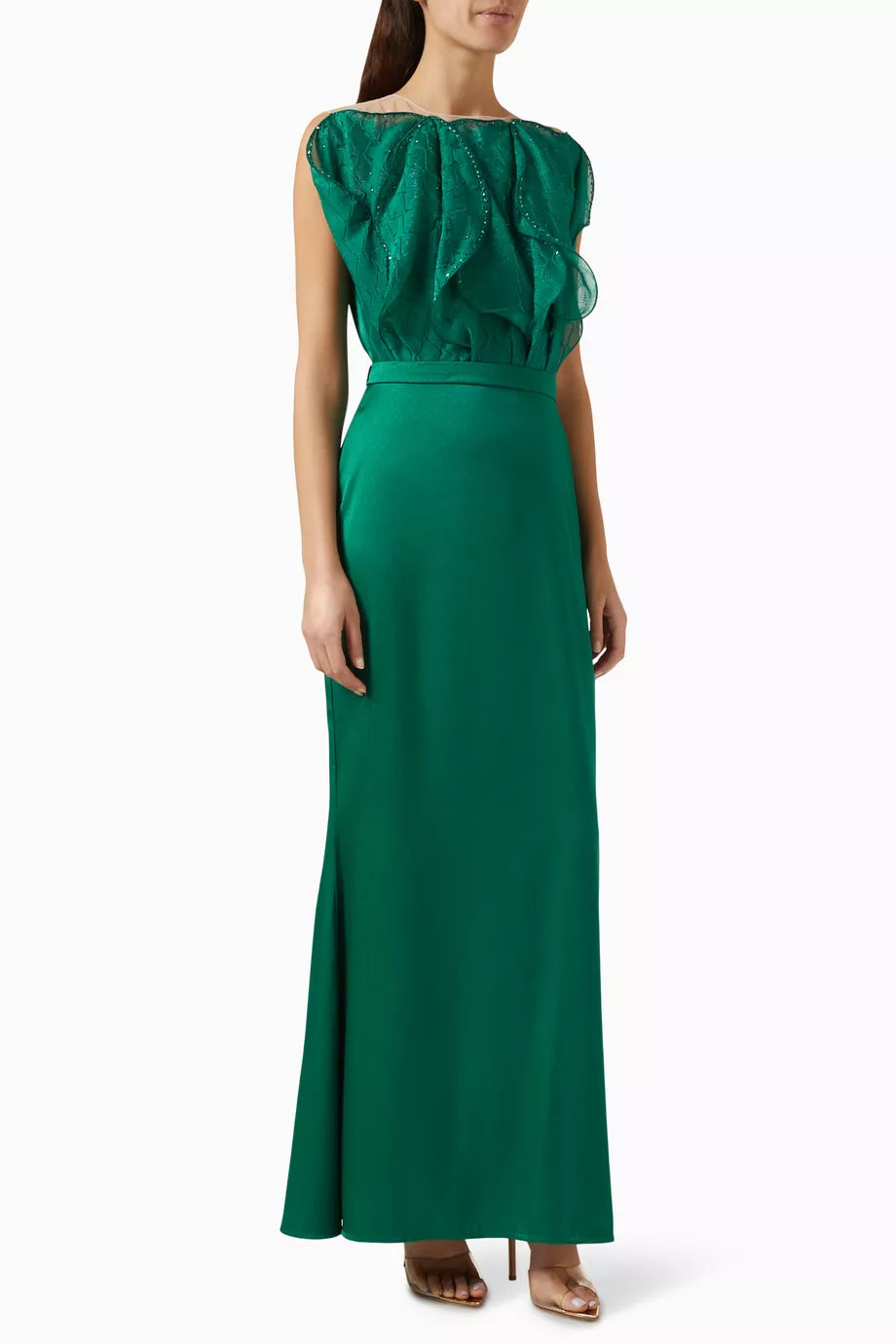 Organza-bodice Maxi Dress in Crepe