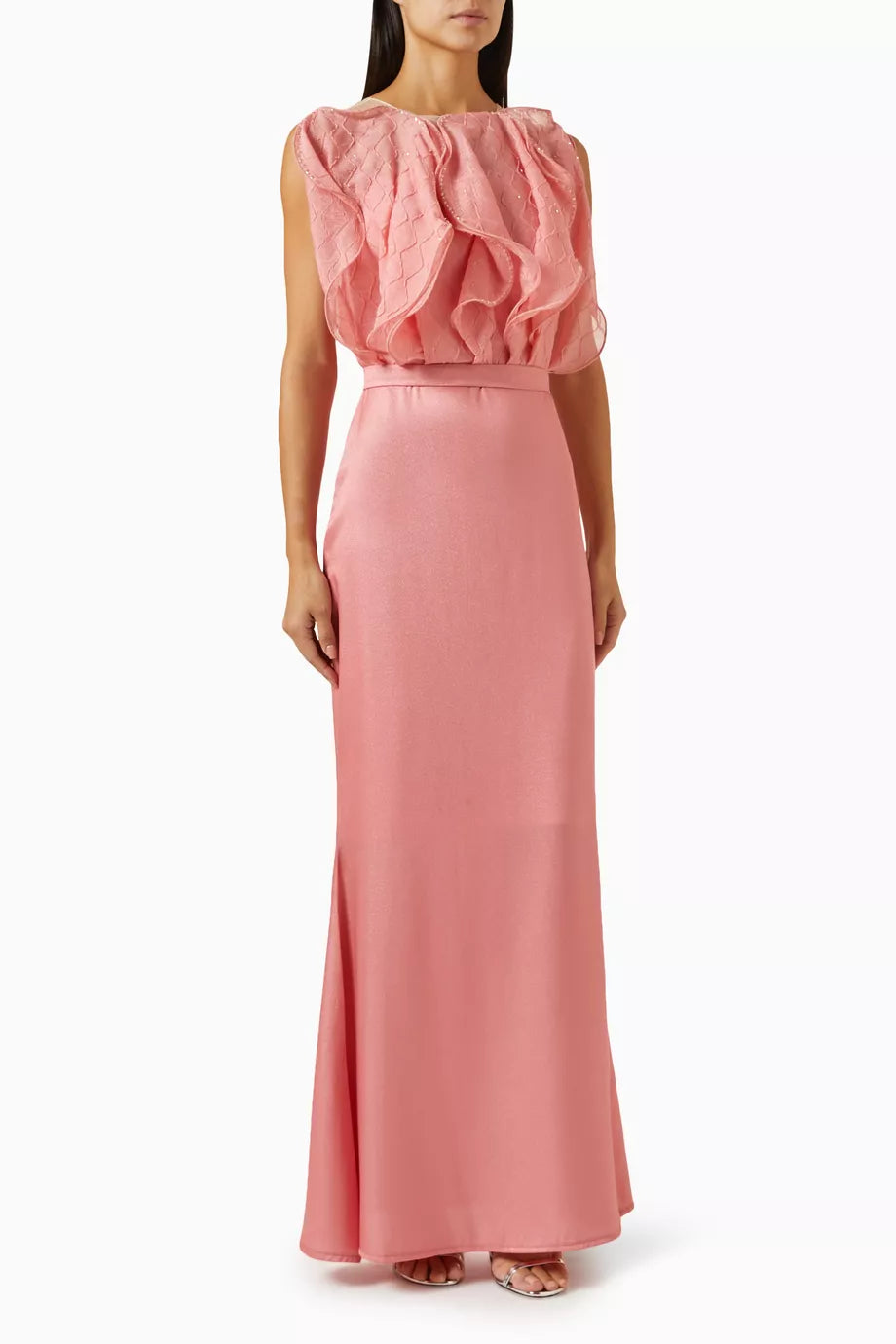 Organza-bodice Maxi Dress in Crepe