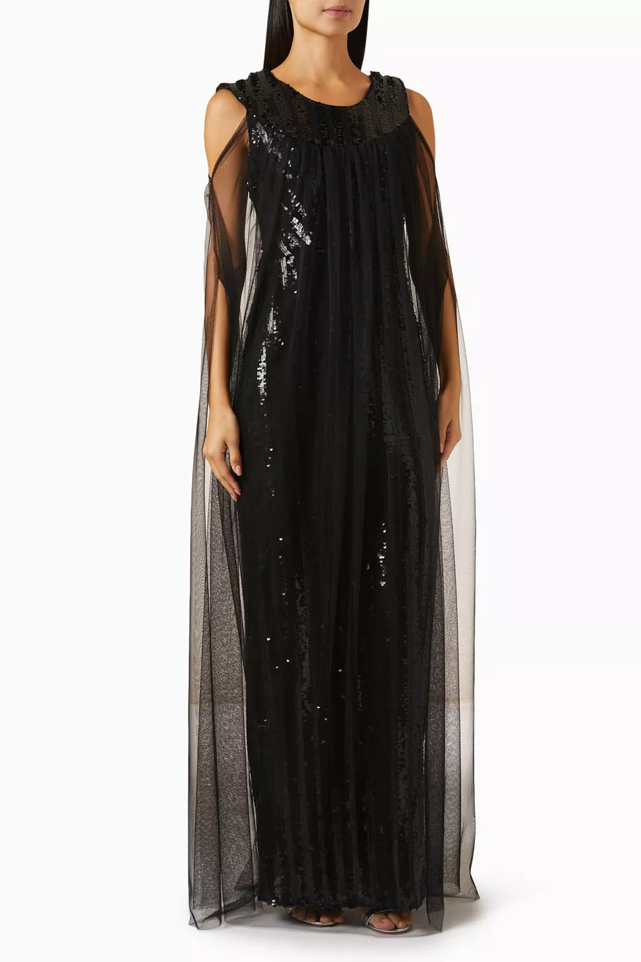 Cape-style Sleeves Maxi Dress in Sequin