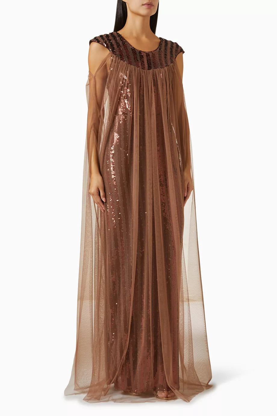 Cape-style Sleeves Maxi Dress in Sequin