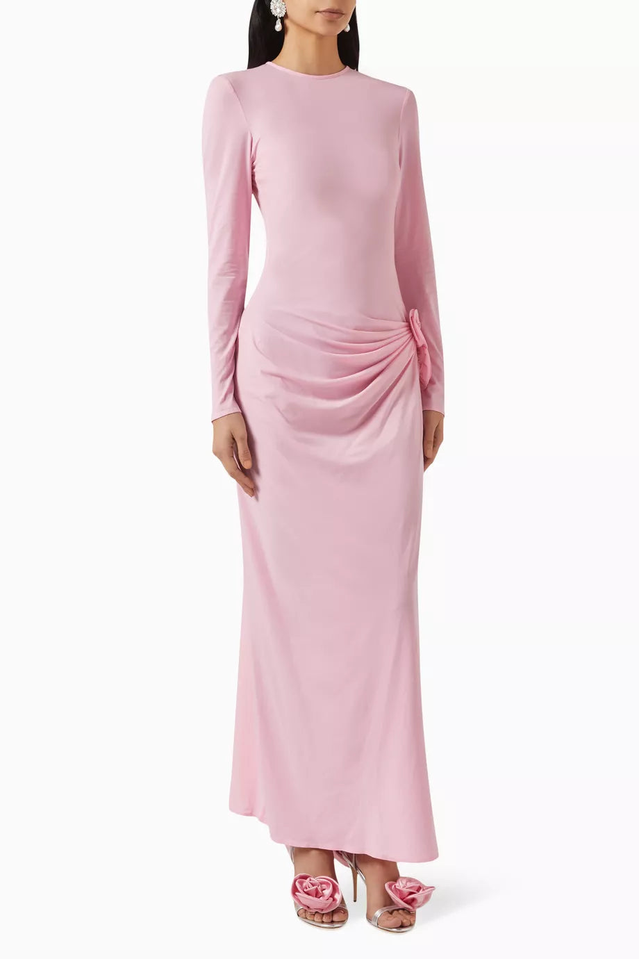 Gathered Floral Appliqué Maxi Dress in Stretch-nylon