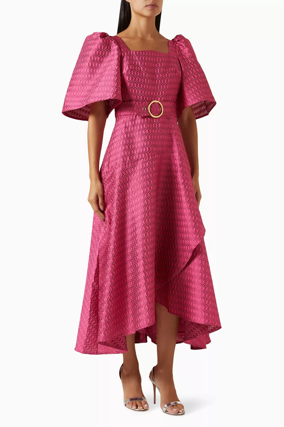 Embossed Belted Midi Dress